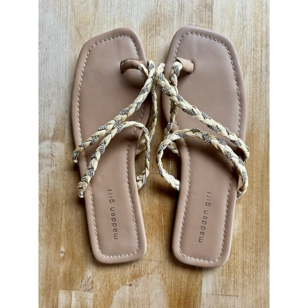 Madden Girl Raffia Rhinestone braided flat Strappy thong sandals Size 9.5 NWOB